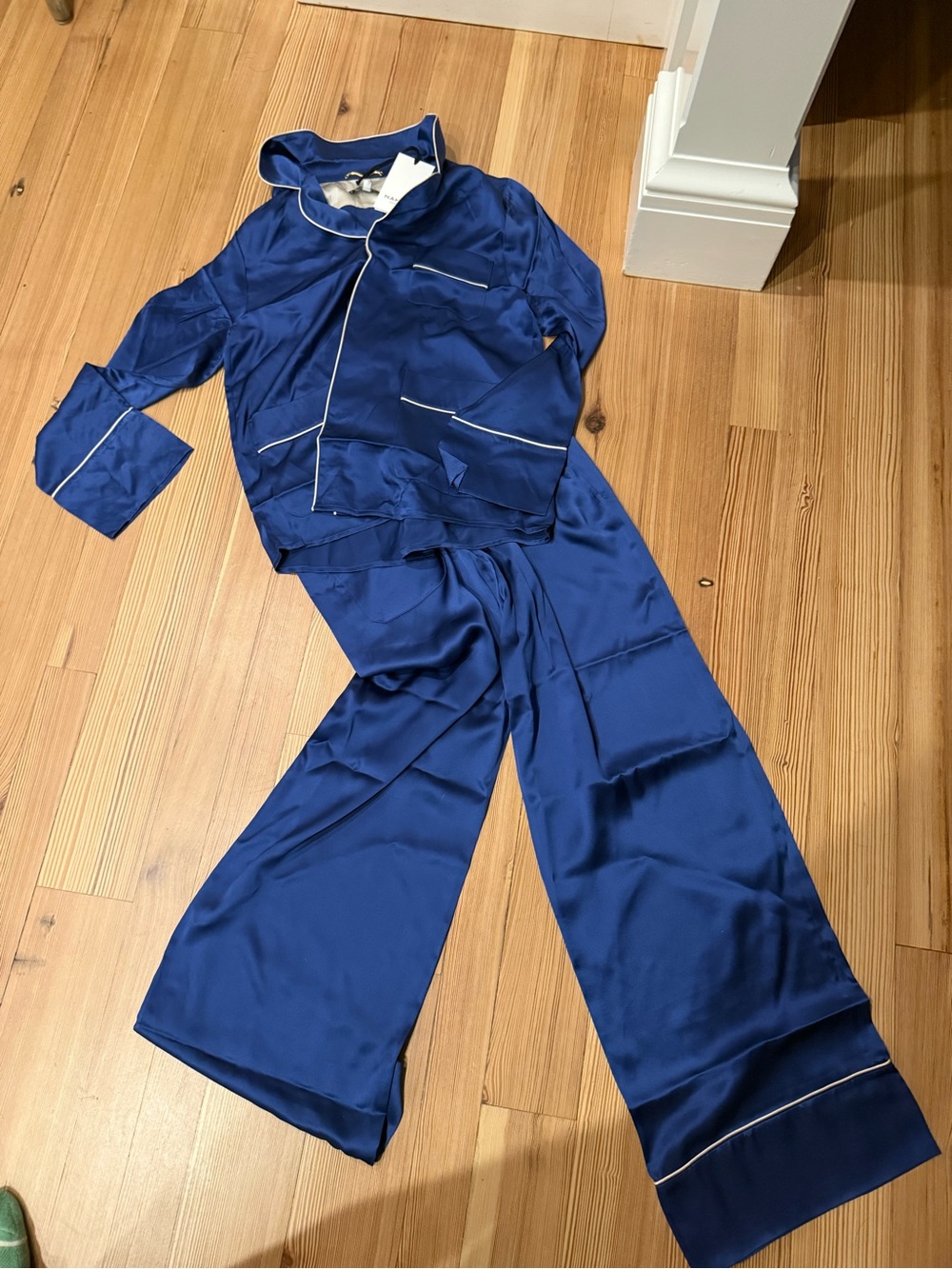 NakedCashmere Navy Satin Wide-Leg Pajama Set with White Piping
